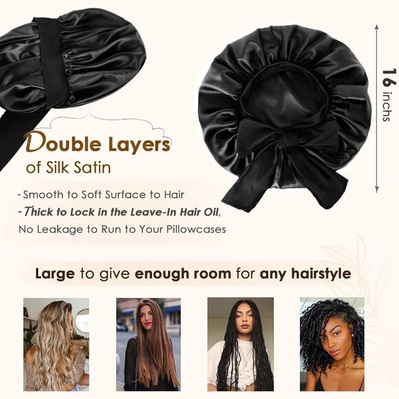 Silk-Satin Bonnet Hair Wrap for Sleeping with Bow Tie Band - Picture 2 of 8